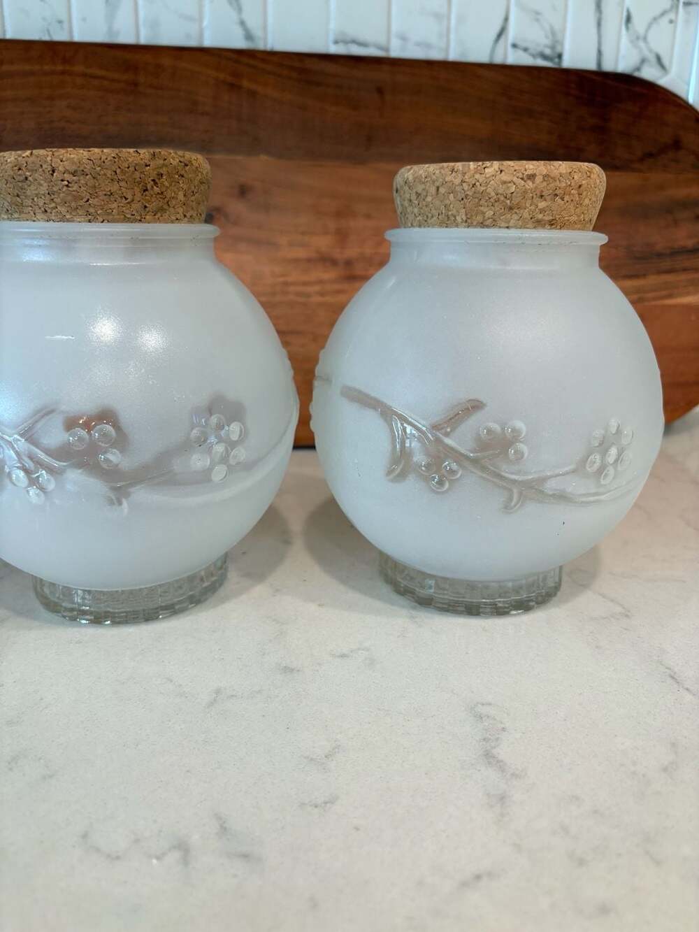 Vintage Frosted Glass Globe Spice Jars with Cork Lids and Floral Vine Relief Pat